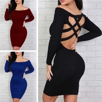 Sexy Backless Long Sleeve Solid Color Bodyline Dress