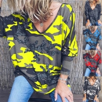Fashion Long Sleeve V-neck Loose Printed T-shirt 