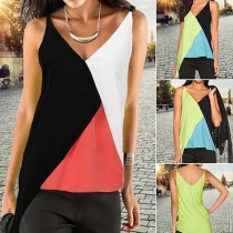 Sexy Backless V-neck Irregular Hem Contrast Color Sling Top 