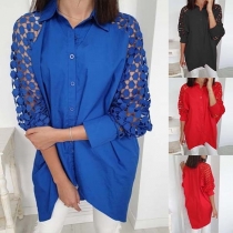 Fashion Lace Spliced 3/4 Sleeve POLO Collae Loose Shirt 