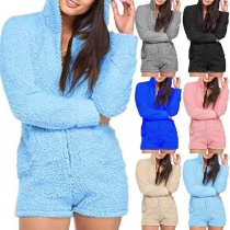 Fashion Solid Color Long Sleeve Hooded Plush Romper 