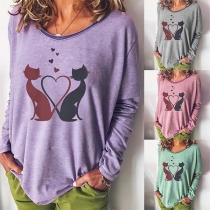 Cute Cat Printed Long Sleeve Round Neck Loose T-shirt 