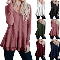 Fashion Long Sleeve V-neck Lace Spliced Hem Top 