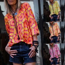 Fashion Long Sleeve V-neck Printed Blouse 