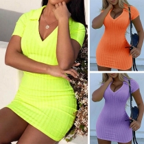 Fashion Solid Color Short Sleeve POLO Collar Slim Fit Dress