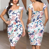 Sexy Backless Square Collar Colorful Printed Dress