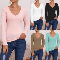 Fashion Solid Color Short Sleeve V-neck Slim Fit T-shirt 