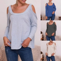 Sexy Off-shoulder Long Sleeve Round Neck Solid Color T-shirt 