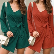 Sexy V-neck Long Sleeve Solid Color Irregular Romper 