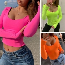 Sexy U-neck Long Sleeve Solid Color Slim Fit T-shirt 
