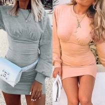 Fashion Solid Color Long Sleeve Round Neck Tight Dress  
