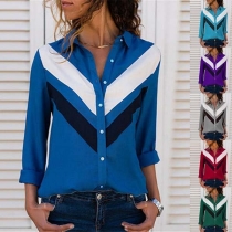 Fashion Contrast Color Long Sleeve POLO Collar Shirt