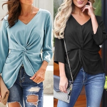 Fashion Solid Color 3/4 Sleeve V-neck Twisted T-shirt 