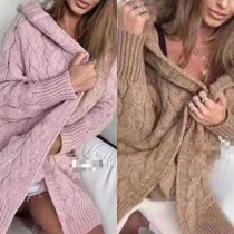 Fashion Solid Color Long Sleeve Hooded Knit Cardigan 