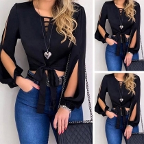 Sexy Slit Long Sleeve Lace-up Hem Solid Color Top 