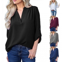 Fashion Solid Color Long Sleeve V-neck Chiffon Blouse