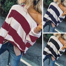Fashion Long Sleeve Oblique Shoulder Loose Striped T-shirt