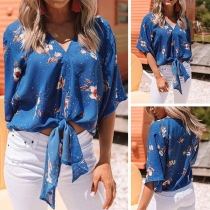 Fashion Short Sleeve V-neck Lace-up Hem Printed Top 