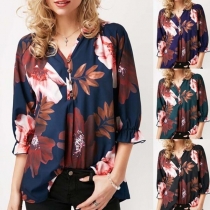 Fashion 3/4 Sleeve V-neck Printed Top