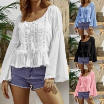 Fashion Lace Spliced Trumpet Sleeve Round Neck Top