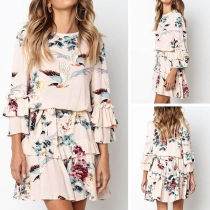 Sweet Style 3/4 Sleeve Round Neck Printed Dress