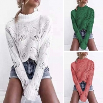 Fashion Solid Color Long Sleeve Mock Neck Hollow Out Sweater 