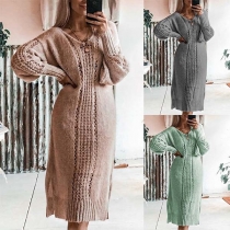 Fashion Solid Color Long Sleeve V-neck Hollow Out Sweater Dress