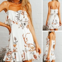 Sexy Backless Ruffle Sling Printed Dress