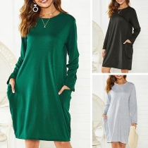 Fashion Round Neck Long Sleeve Front-pocket Loose Dress