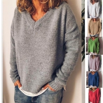 Simple V-neck Long Sleeve Solid Color Loose Knit Sweater