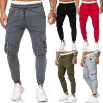 Fashion Solid Color Drawstring Waist  Side-pocket Man's Sports Pants