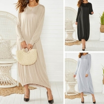 Fashion Solid Color Long Sleeve Round Neck Loose Dress