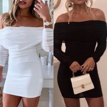 Sexy Off-shoulder Boat Neck Long Sleeve Solid Color Tight Dress