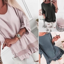 Fashion Solid Color Long Sleeve Ruffle Hem Loose Top