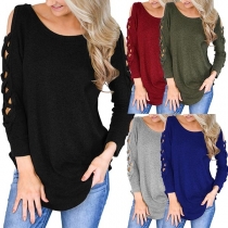 Sexy Hollow Out Long Sleeve Round Neck Solid Color T--shirt 