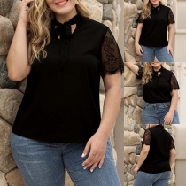 Fashion Lace Spliced Short Sleeve Lace-up Bow-knot V-neck Plus-size Top