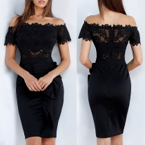 Sexy Off-shoulder Boat Neck Lace Spliced Ruffle Party Dress