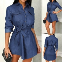 Fashion Long Sleeve PLO Collar Denim Dress with Waist Strap
