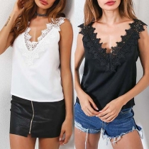 Sexy Lace Spliced V-neck Solid Color Sleeveless Top 
