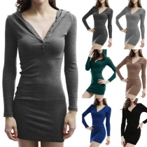 Fashion Solid Color Long Sleeve Slim Fit Hooded Dress