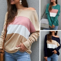 Fashion Dolman Sleeve Round Neck Contrast Color Shirt