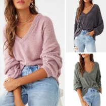 Fashion Solid Color Long Sleeve V-neck Loose Knit Top