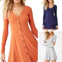 Fashion Solid Color Long Sleeve V-neck Front-button Dress