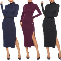 Sexy Slit Hem Long Sleeve Stand Collar Slim Fit Knit Dress