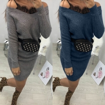Sexy Off-shoulder Long Sleeve Lace Spliced Slim Fit Knit Dress