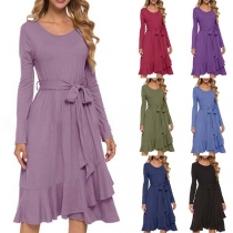 Fashion Solid Color Long Sleeve Ruffle Hem Dress