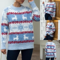 Cute Elk Snowflake Pattern Long Sleeve Round Neck Sweater