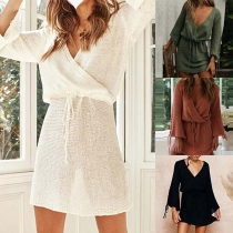 Sexy V-neck Lace-up Trumpet Sleeve Solid Color Knit Dress