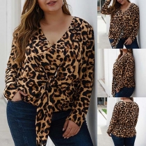 Fashion Long Sleeve V-neck Lace-up Leopard Printed Plus-size Top