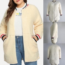 Fashion Contrast Color Long Sleeve Stand Collar Plush Coat   